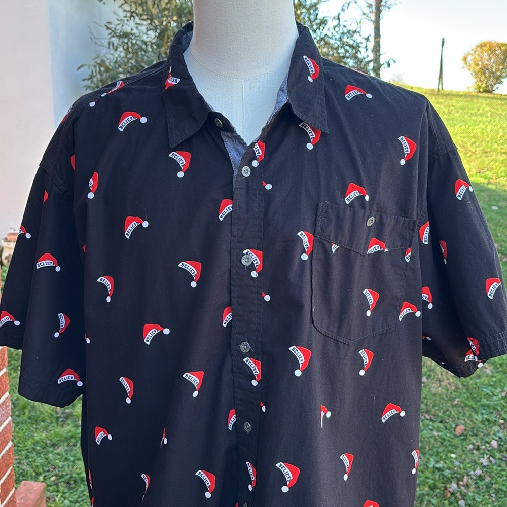 HP-Free Planet “Believe” Santa Hat Holiday Black Button-Down S/S Shirt Size 4X